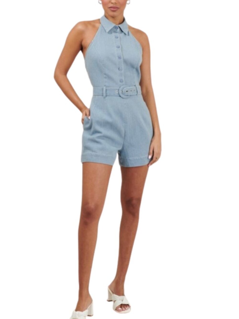 Sugarlips Light Blue Chambray Halter Backless Romper